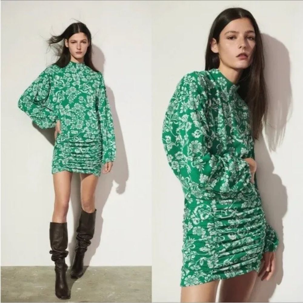 Zara Balloon Sleeve Jacquard Floral Knit Mini Dress in Kelly Green and White NWT